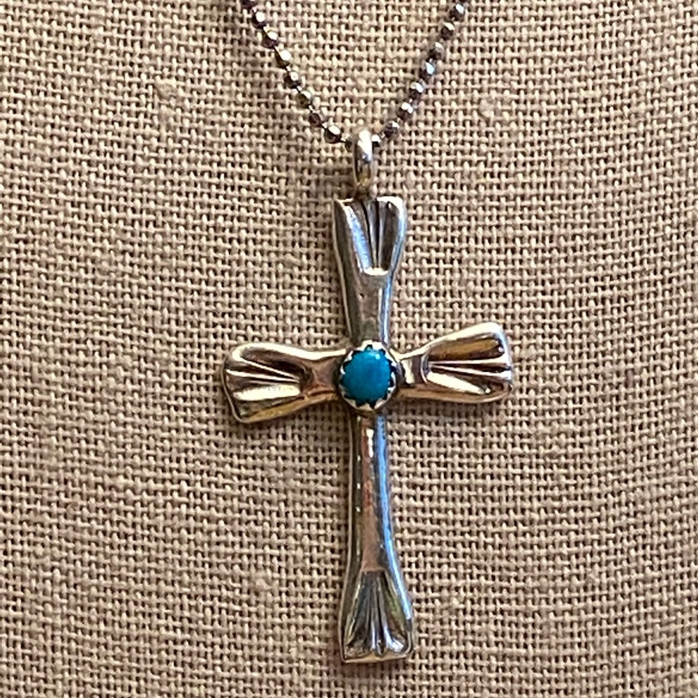 Native American turquoise & sterling cross on a faceted beaded chain